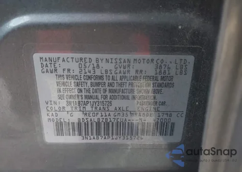 2018 Nissan Sentra S z USA, uszkodzony, nr VIN 3N1AB7AP1JY315726